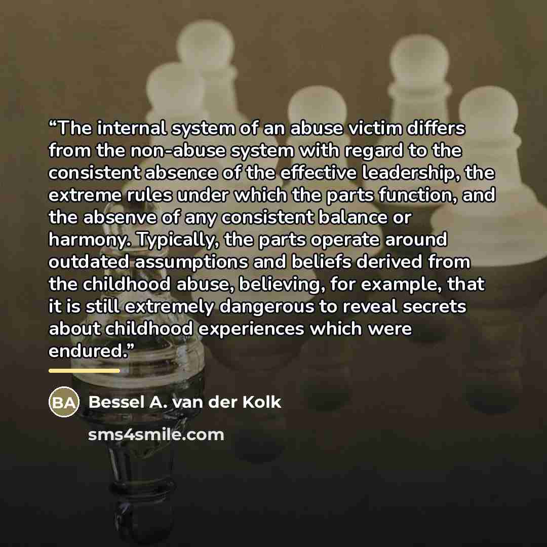 “The internal system of an abuse victim differs from the non-abuse system with regard to the consistent absence of the effective leadership, the extreme rules under which the parts function, and the absenve of any consistent balance or harmony. Typically, the parts operate around outdated…” quote by Bessel A. van der Kolk