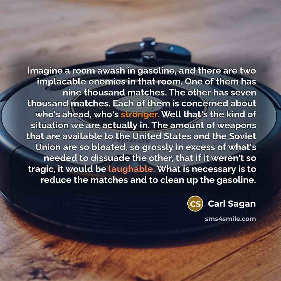 “Imagine a room awash in gasoline, and there are two implacable enemies in that room. One of them has nine thousand matches. The other has seven thousand matches. Each of them is concerned about who's ahead, who's stronger. Well that's the kind of situation we are actually in. The amount of weapons…” quote by Carl Sagan