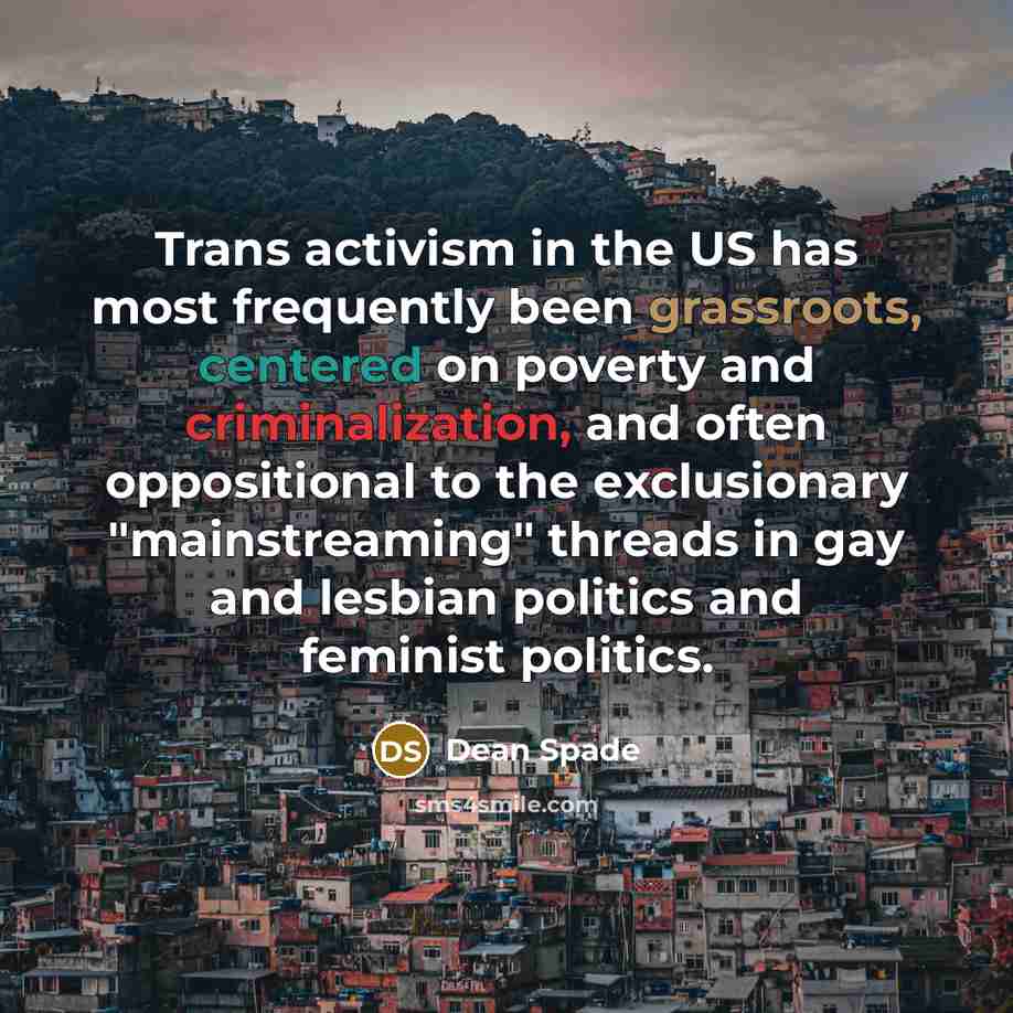“Trans activism in the US has most frequently been grassroots, centered on poverty and criminalization, and often oppositional to the exclusionary "mainstreaming" threads in gay and lesbian politics and feminist politics.” quote by Dean Spade