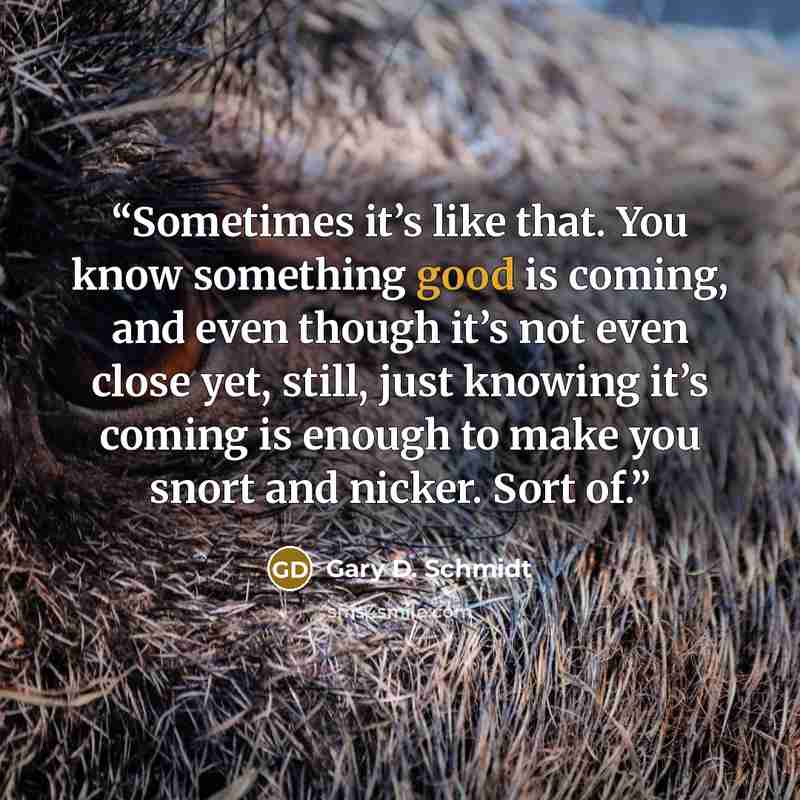 “Sometimes it’s like that. You know something good is coming, and even though it’s not even close yet, still, just knowing it’s coming is enough to make you snort and nicker. Sort of.” quote by Gary D. Schmidt