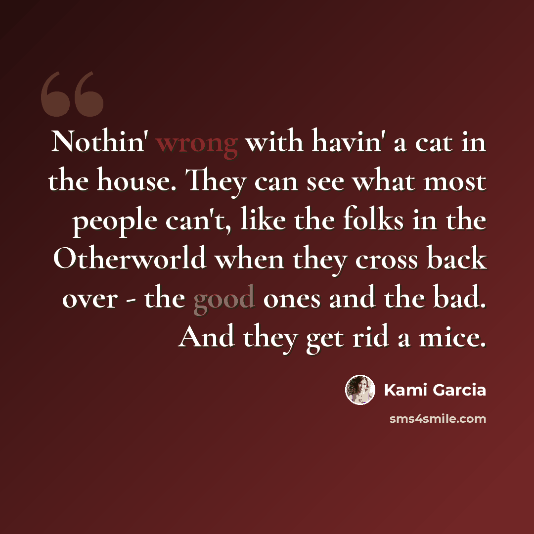 “Nothin' wrong with havin' a cat in the house. They can see what most people can't, like the folks in the Otherworld when they cross back over - the good ones and the bad. And they get rid a mice.” quote by Kami Garcia
