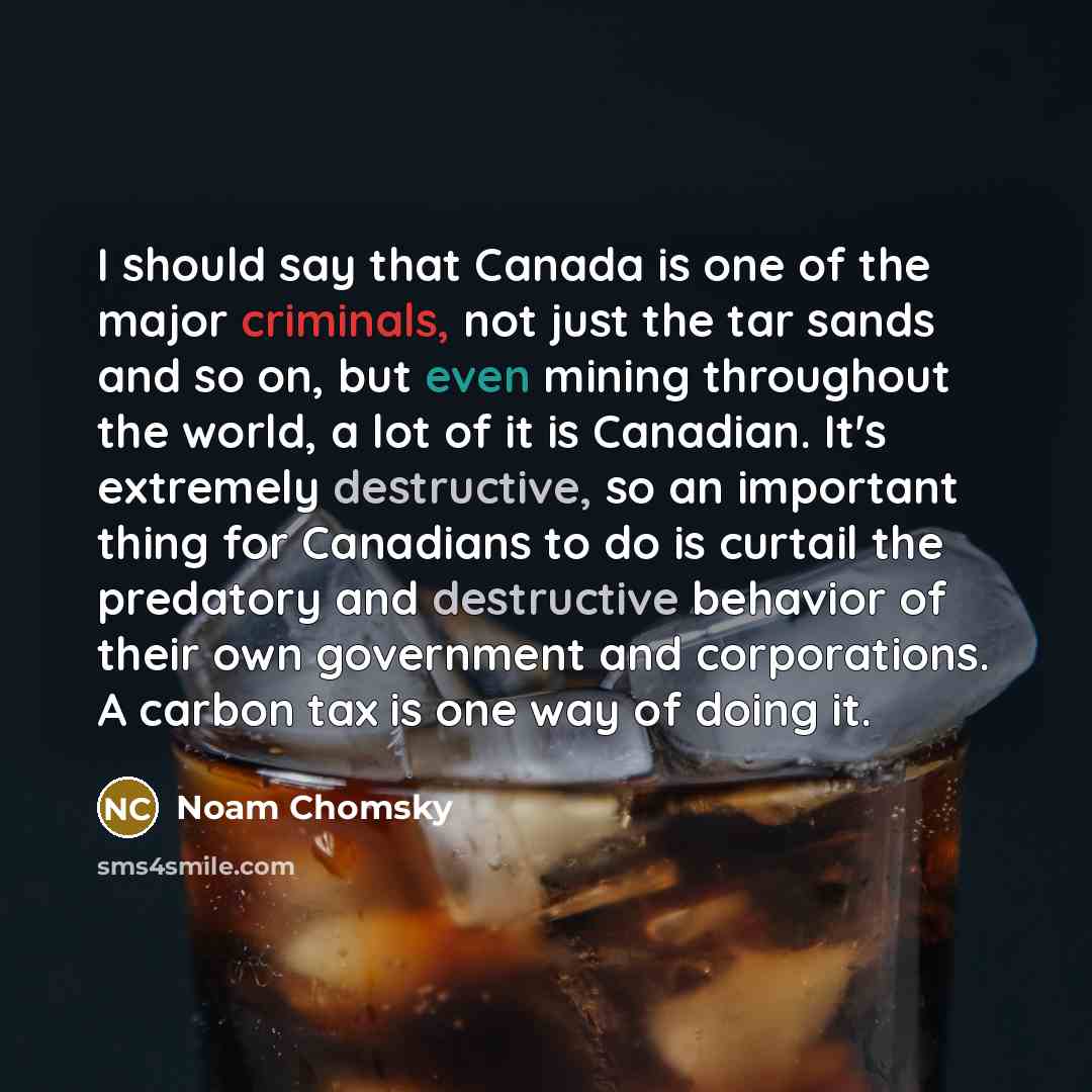 “I should say that Canada is one of the major criminals, not just the tar sands and so on, but even mining throughout the world, a lot of it is Canadian. It's extremely destructive, so an important thing for Canadians to do is curtail the predatory and destructive behavior of their own government…” quote by Noam Chomsky