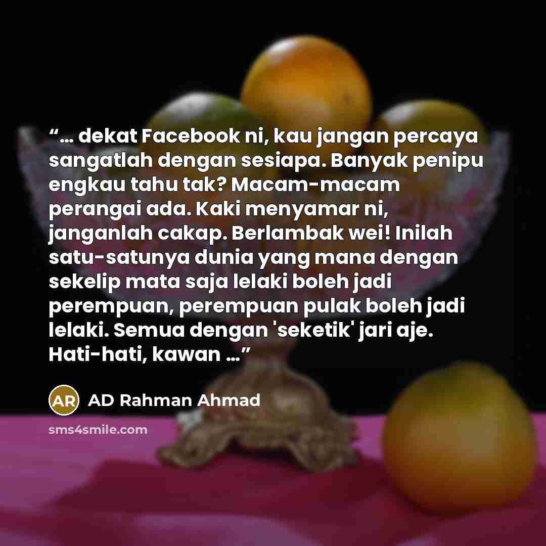“… dekat Facebook ni, kau jangan percaya sangatlah dengan sesiapa. Banyak penipu engkau tahu tak? Macam-macam perangai ada. Kaki menyamar ni, janganlah cakap. Berlambak wei! Inilah satu-satunya dunia yang mana dengan sekelip mata saja lelaki boleh jadi perempuan, perempuan pulak boleh jadi lelaki…” quote by AD Rahman Ahmad