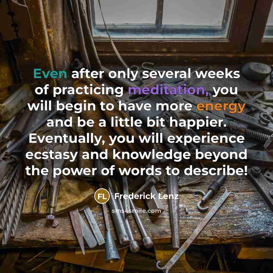 “Even after only several weeks of practicing meditation, you will begin to have more energy and be a little bit happier. Eventually, you will experience ecstasy and knowledge beyond the power of words to describe!” quote by Frederick Lenz