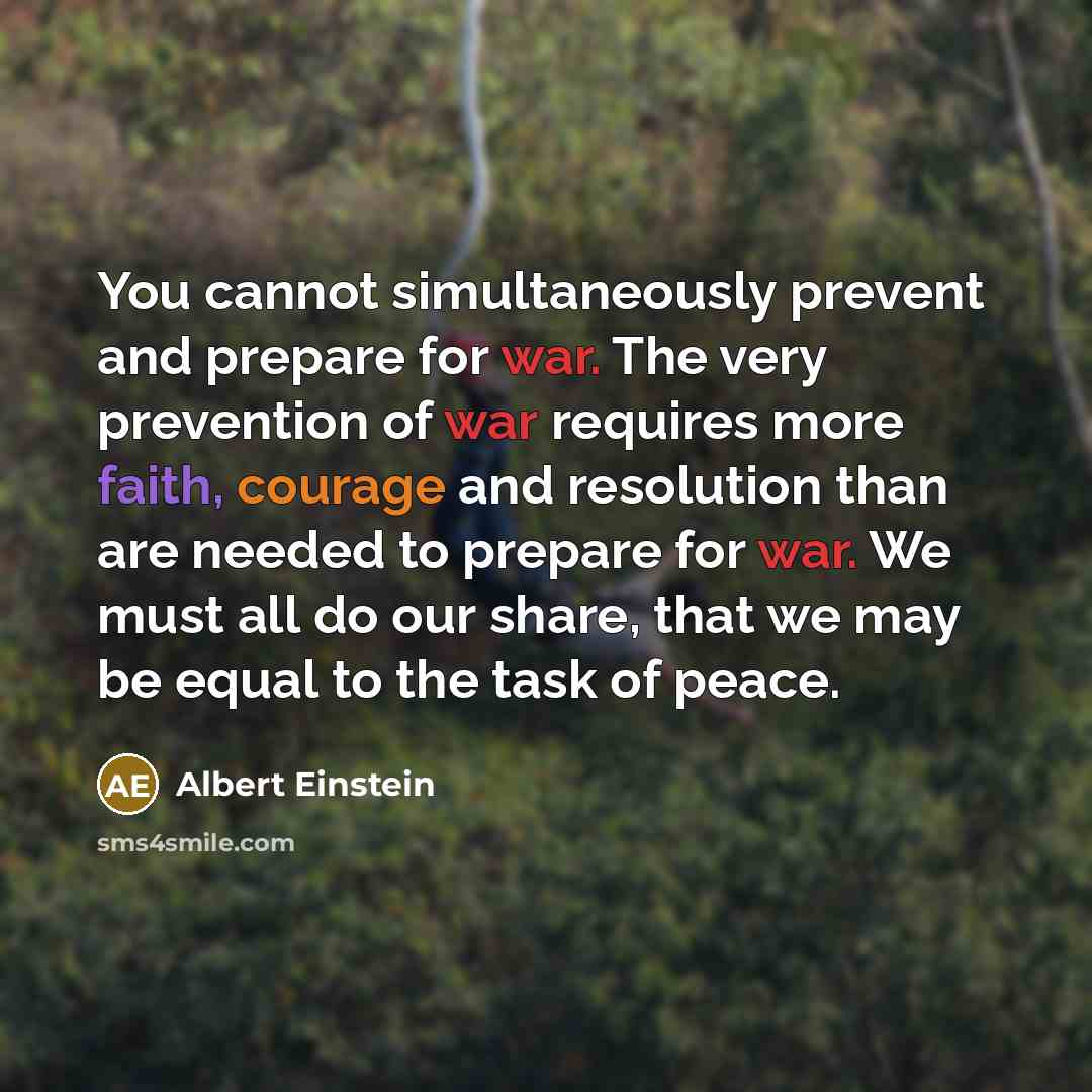 “You cannot simultaneously prevent and prepare for war. The very prevention of war requires more faith, courage and resolution than are needed to prepare for war. We must all do our share, that we may be equal to the task of peace.” quote by Albert Einstein