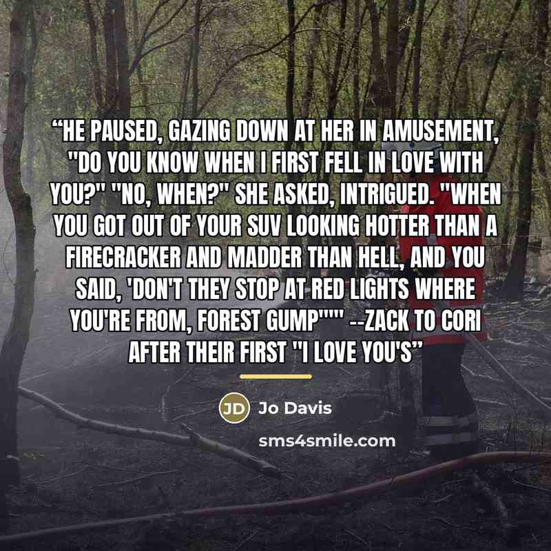 “He paused, gazing down at her in amusement, "Do you know when I first fell in love with you?" "No, when?" she asked, intrigued. "When you got out of your SUV looking hotter than a firecracker and madder than hell, and you said, 'Don't they stop at red lights where you're from, Forest Gump"'"…” quote by Jo Davis
