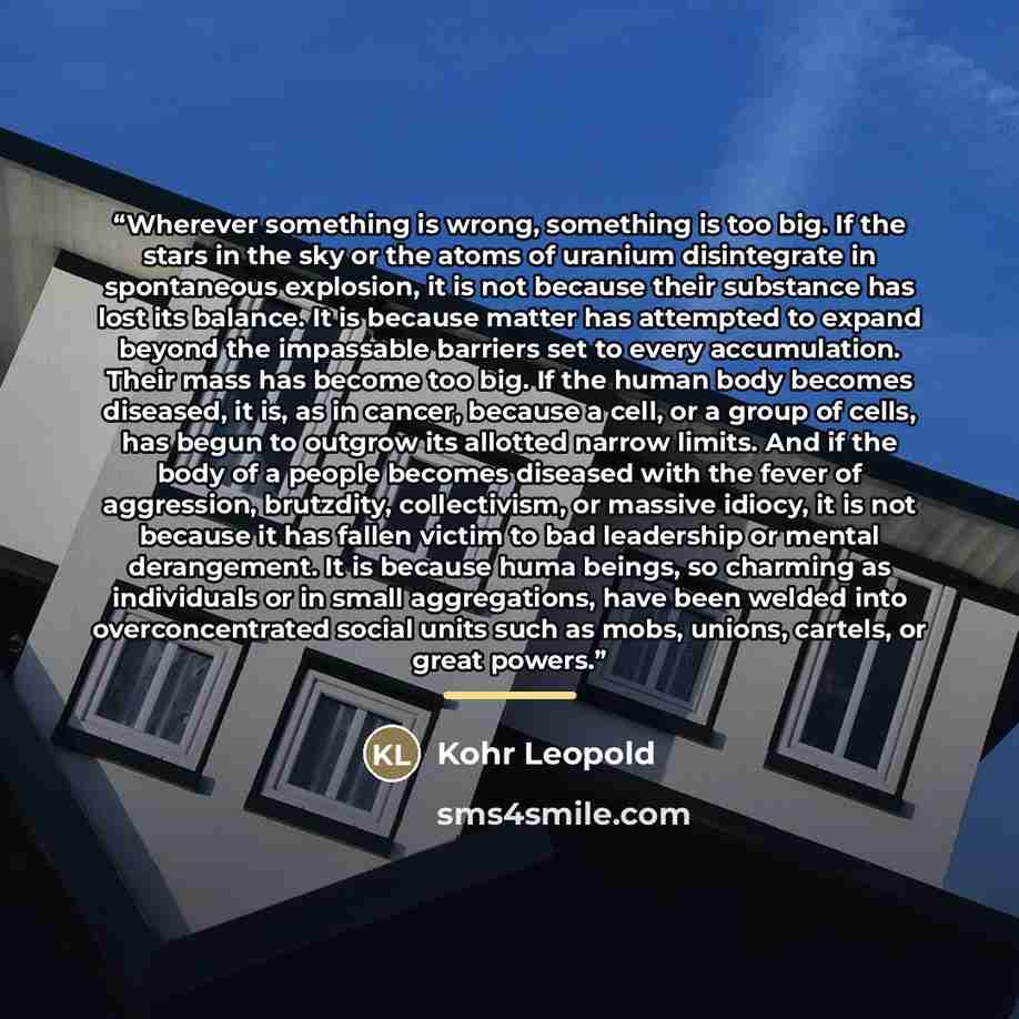 “Wherever something is wrong, something is too big. If the stars in the sky or the atoms of uranium disintegrate in spontaneous explosion, it is not because their substance has lost its balance. It is because matter has attempted to expand beyond the impassable barriers set to every accumulation…” quote by Kohr Leopold