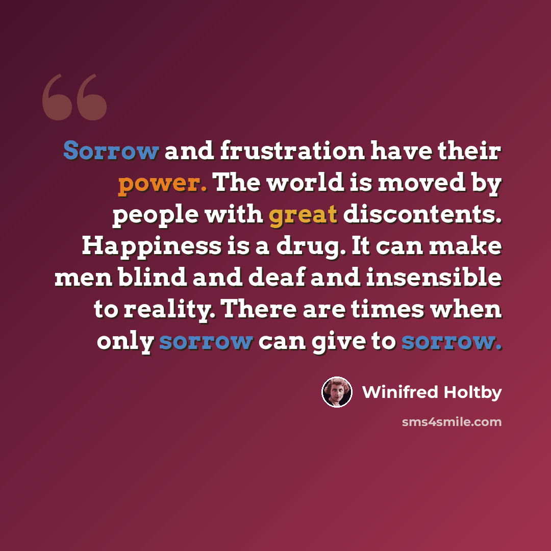“Sorrow and frustration have their power. The world is moved by people with great discontents. Happiness is a drug. It can make men blind and deaf and insensible to reality. There are times when only sorrow can give to sorrow.” quote by Winifred Holtby