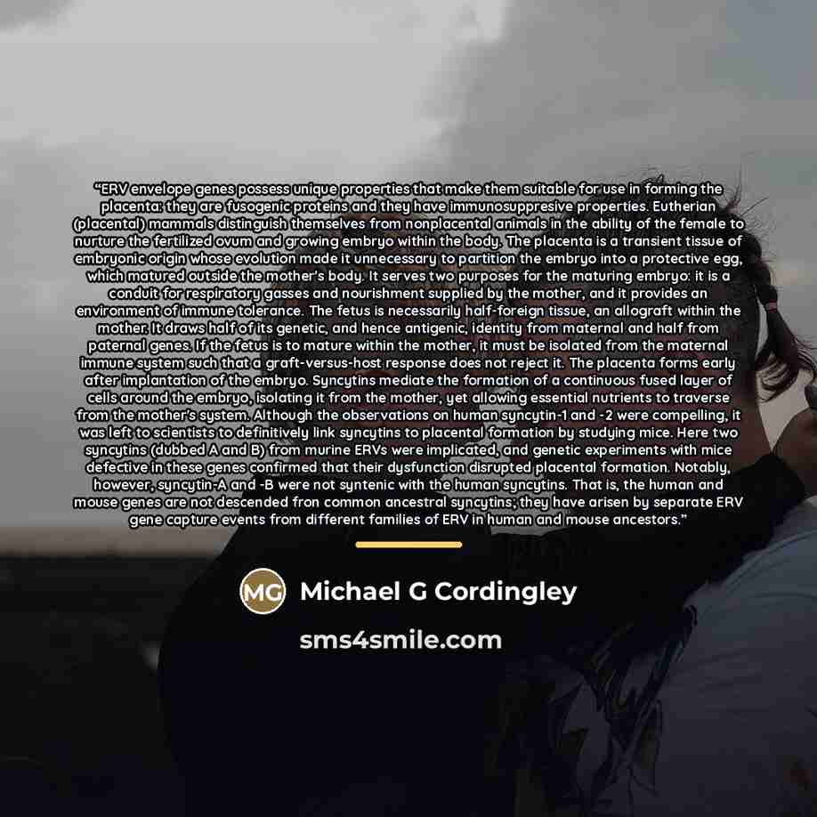 “ERV envelope genes possess unique properties that make them suitable for use in forming the placenta: they are fusogenic proteins and they have immunosuppresive properties. Eutherian (placental) mammals distinguish themselves from nonplacental animals in the ability of the female to nurture the…” quote by Michael G Cordingley