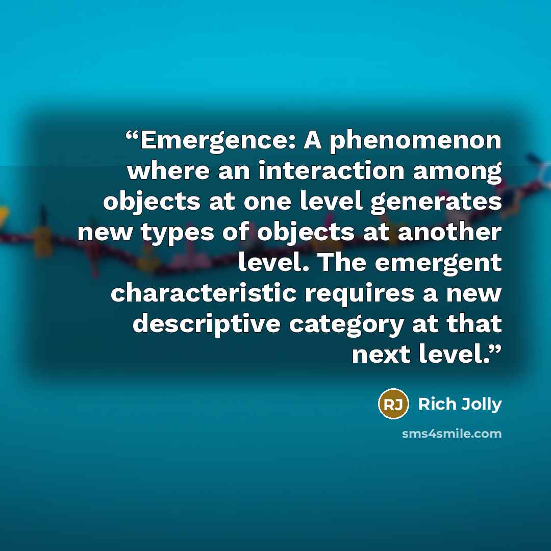 “Emergence: A phenomenon where an interaction among objects at one level generates new types of objects at another level. The emergent characteristic requires a new descriptive category at that next level.” quote by Rich Jolly