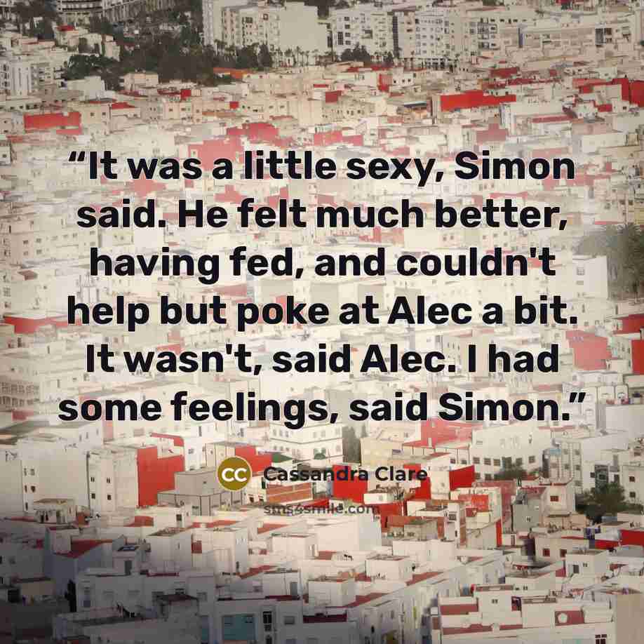 “It was a little sexy, Simon said. He felt much better, having fed, and couldn't help but poke at Alec a bit. It wasn't, said Alec. I had some feelings, said Simon.” quote by Cassandra Clare