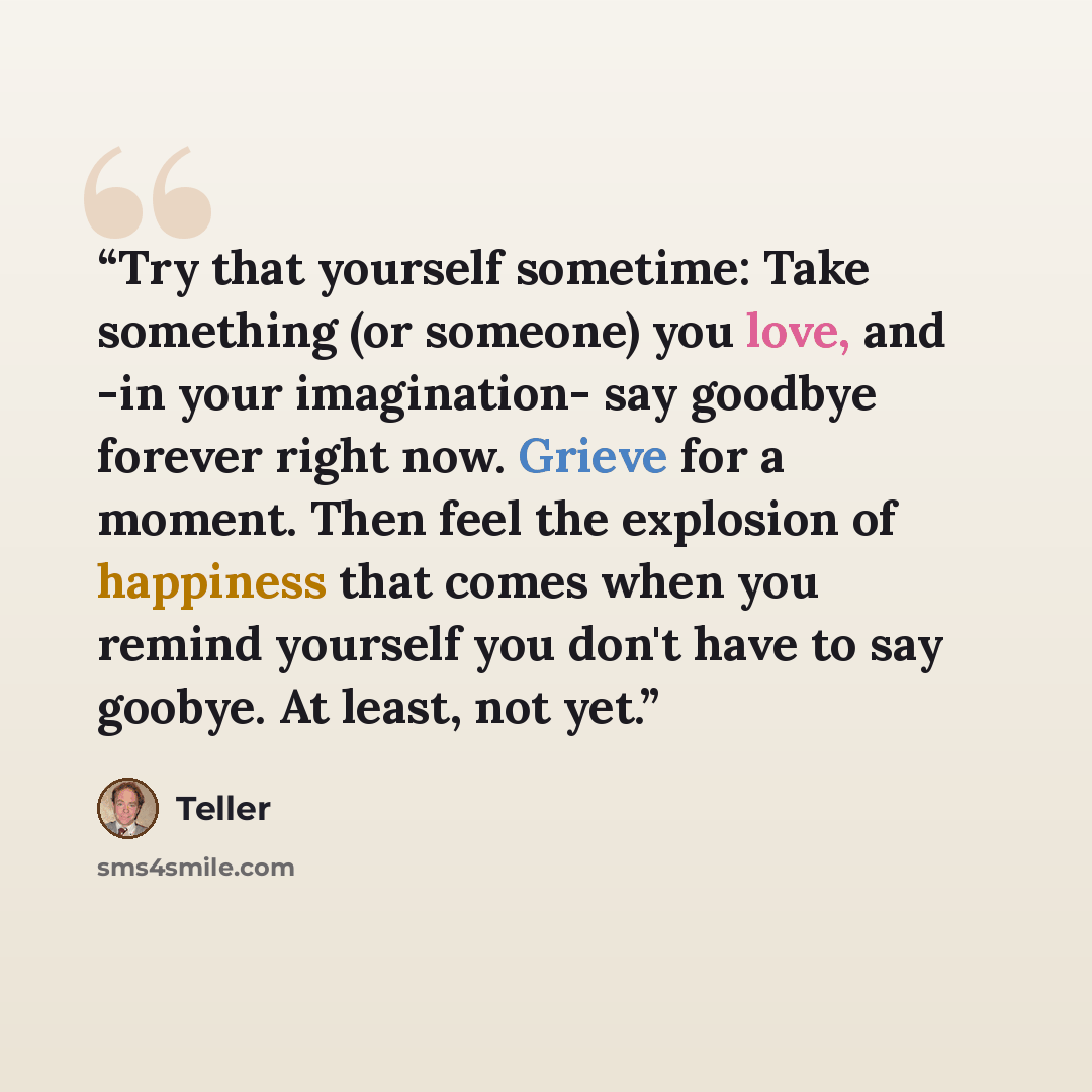 “Try that yourself sometime: Take something (or someone) you love, and -in your imagination- say goodbye forever right now. Grieve for a moment. Then feel the explosion of happiness that comes when you remind yourself you don't have to say goobye. At least, not yet.” quote by Teller