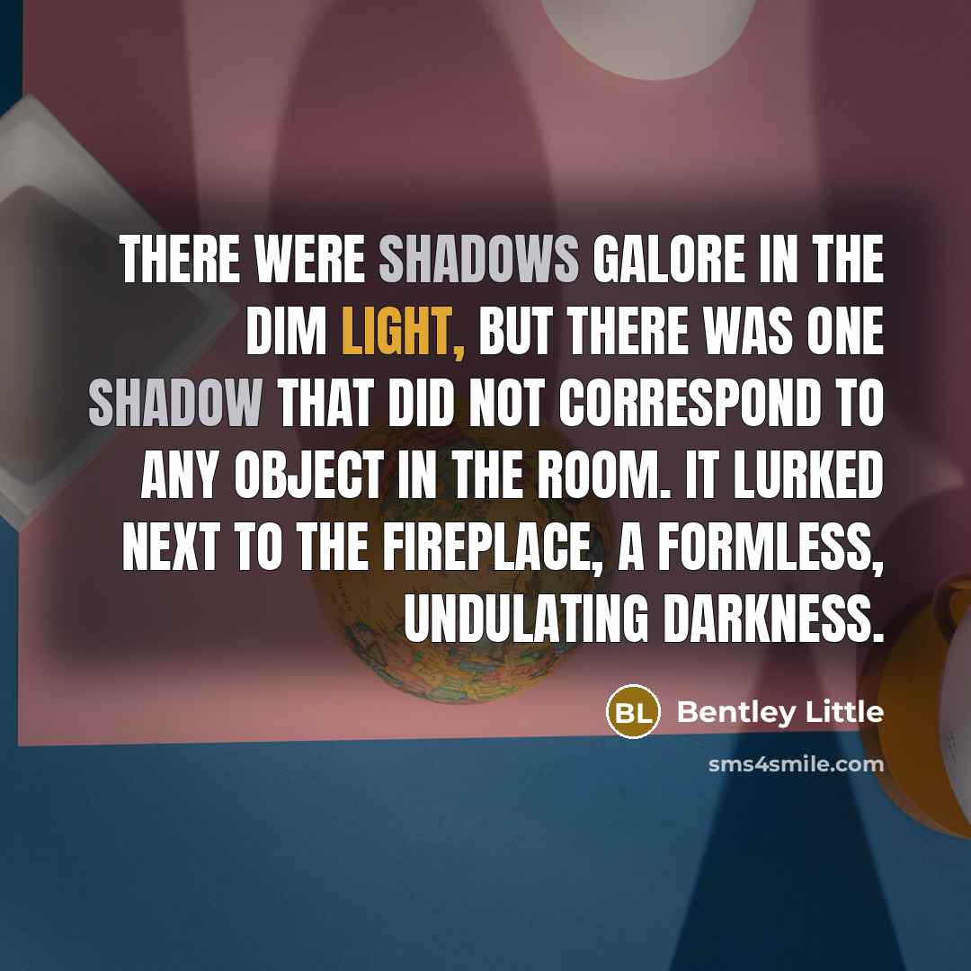 “There were shadows galore in the dim light, but there was one shadow that did not correspond to any object in the room. It lurked next to the fireplace, a formless, undulating darkness.” quote by Bentley Little
