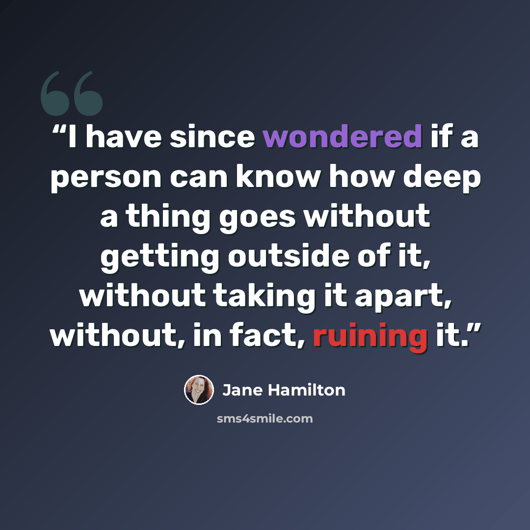 “I have since wondered if a person can know how deep a thing goes without getting outside of it, without taking it apart, without, in fact, ruining it.” quote by Jane Hamilton