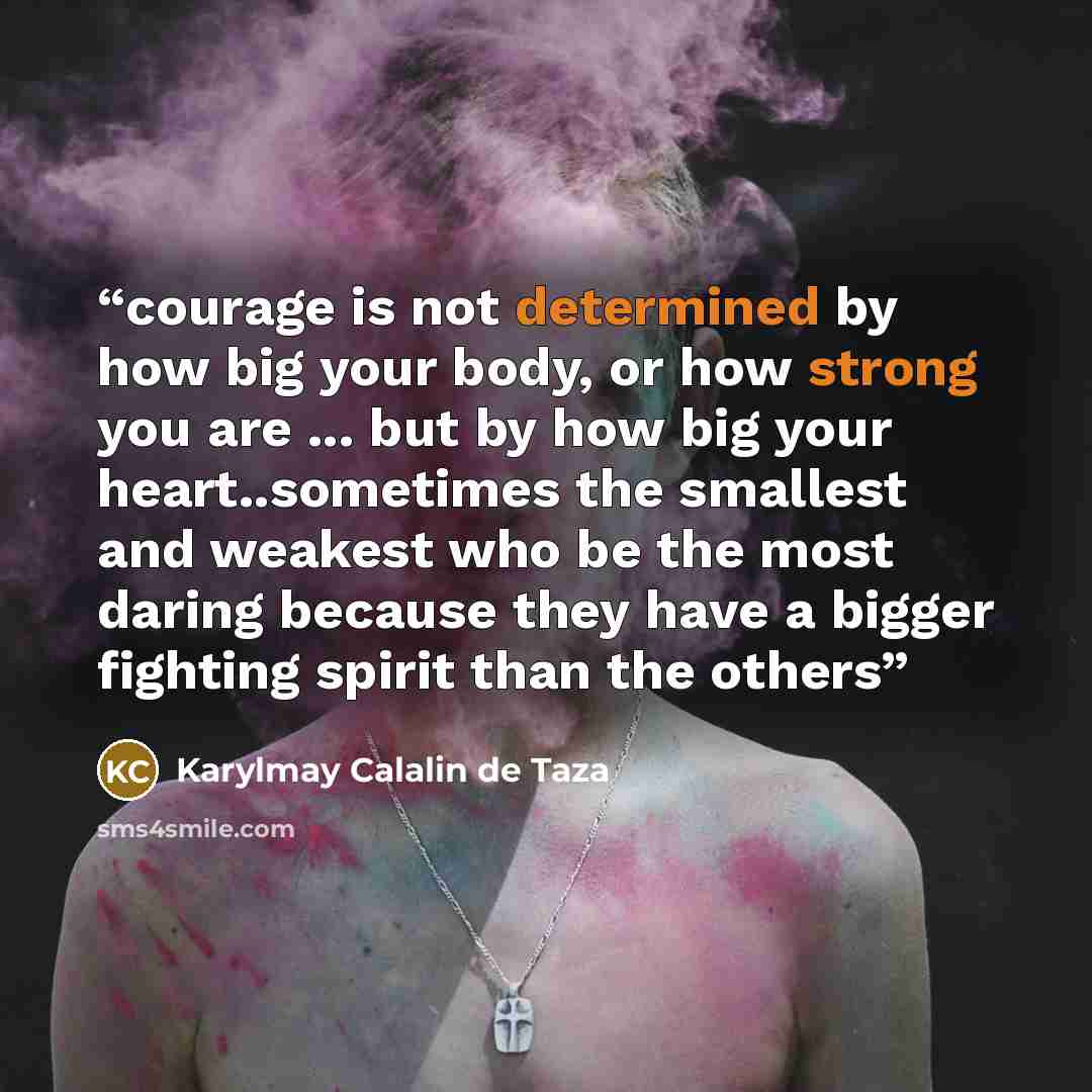 “courage is not determined by how big your body, or how strong you are ... but by how big your heart..sometimes the smallest and weakest who be the most daring because they have a bigger fighting spirit than the others” quote by Karylmay Calalin de Taza