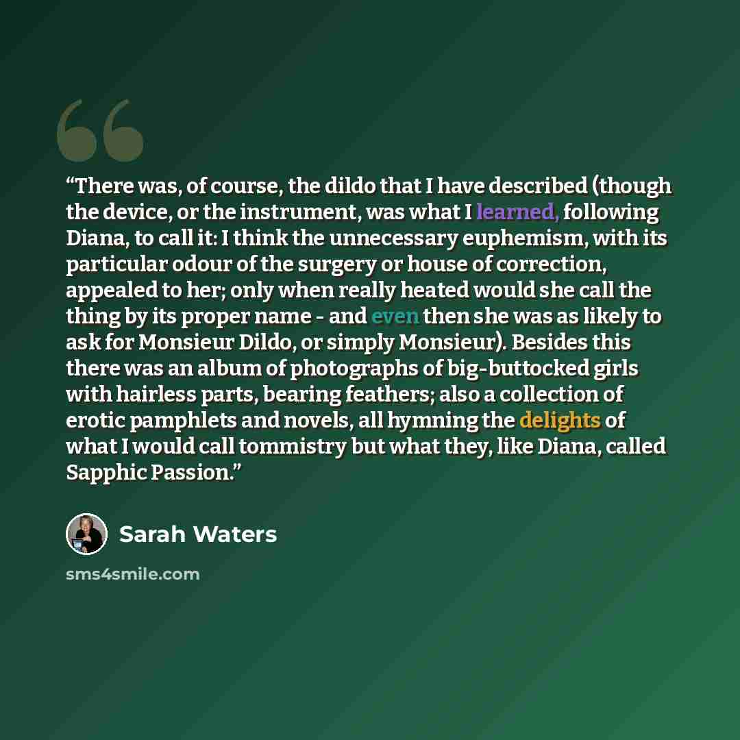 “There was, of course, the dildo that I have described (though the device, or the instrument, was what I learned, following Diana, to call it: I think the unnecessary euphemism, with its particular odour of the surgery or house of correction, appealed to her; only when really heated would she call…” quote by Sarah Waters