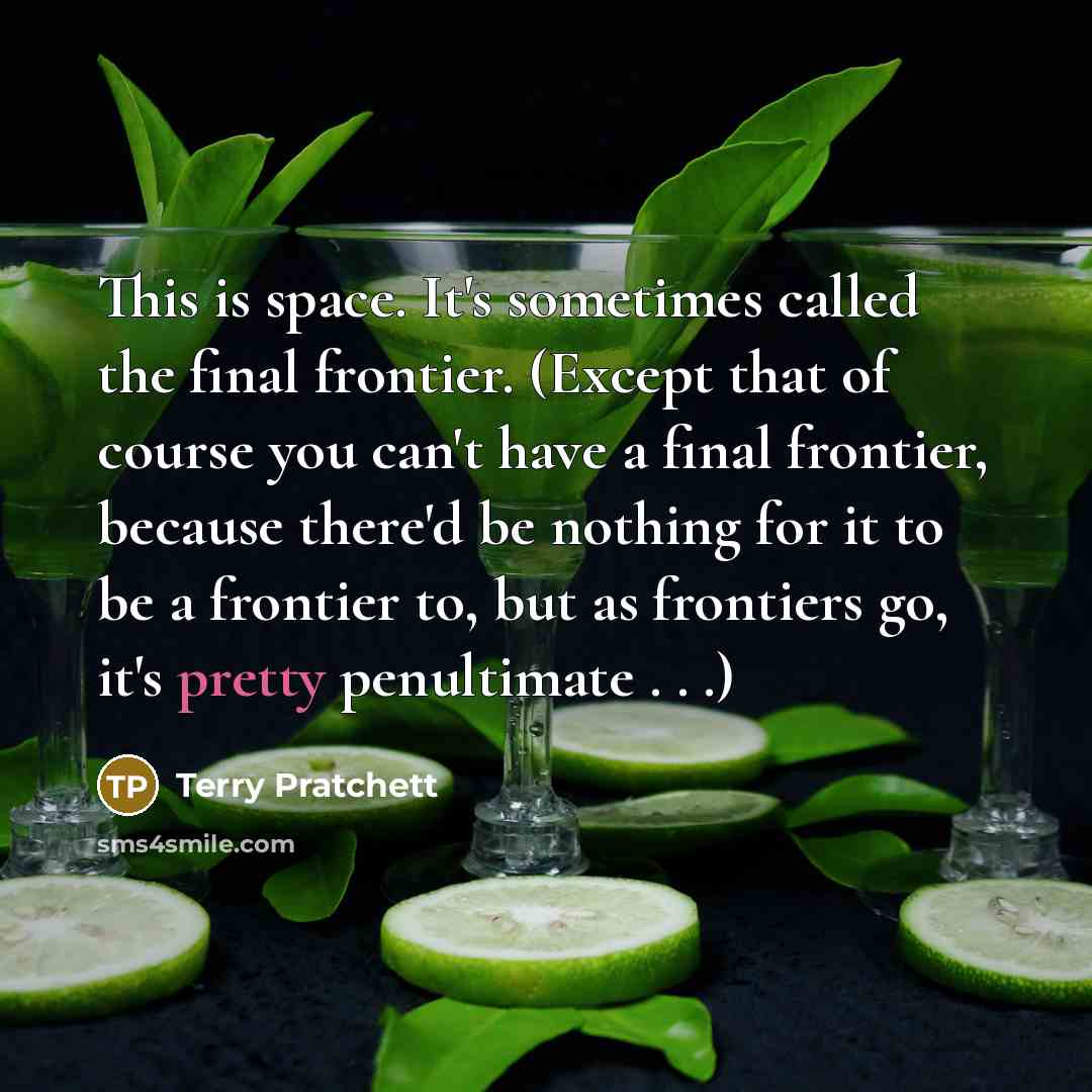 “This is space. It's sometimes called the final frontier. (Except that of course you can't have a final frontier, because there'd be nothing for it to be a frontier to, but as frontiers go, it's pretty penultimate . . .)” quote by Terry Pratchett