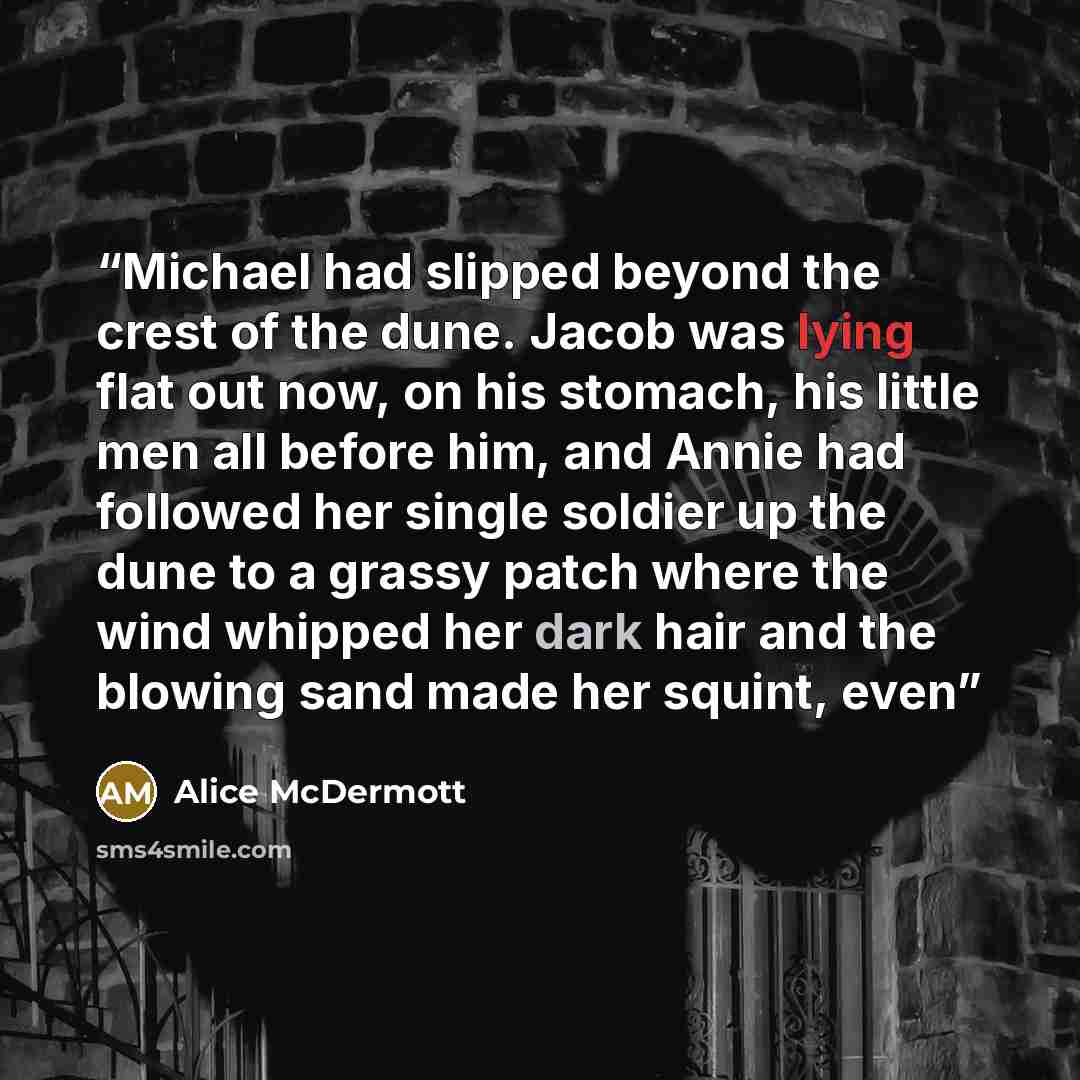 “Michael had slipped beyond the crest of the dune. Jacob was lying flat out now, on his stomach, his little men all before him, and Annie had followed her single soldier up the dune to a grassy patch where the wind whipped her dark hair and the blowing sand made her squint, even” quote by Alice McDermott