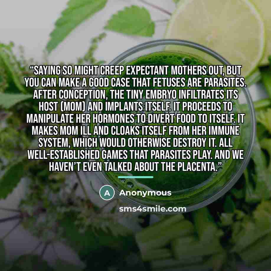 “Saying so might creep expectant mothers out, but you can make a good case that fetuses are parasites. After conception, the tiny embryo infiltrates its host (Mom) and implants itself. It proceeds to manipulate her hormones to divert food to itself. It makes Mom ill and cloaks itself from her…” quote by Anonymous