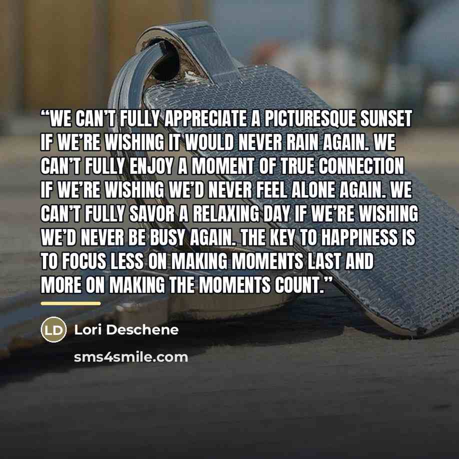 “We can’t fully appreciate a picturesque sunset if we’re wishing it would never rain again. We can’t fully enjoy a moment of true connection if we’re wishing we’d never feel alone again. We can’t fully savor a relaxing day if we’re wishing we’d never be busy again. The key to happiness is to focus…” quote by Lori Deschene