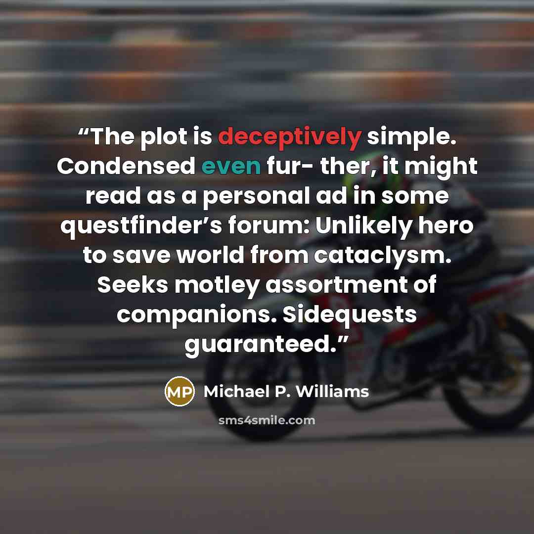 “The plot is deceptively simple. Condensed even fur- ther, it might read as a personal ad in some questfinder’s forum: Unlikely hero to save world from cataclysm. Seeks motley assortment of companions. Sidequests guaranteed.” quote by Michael P. Williams