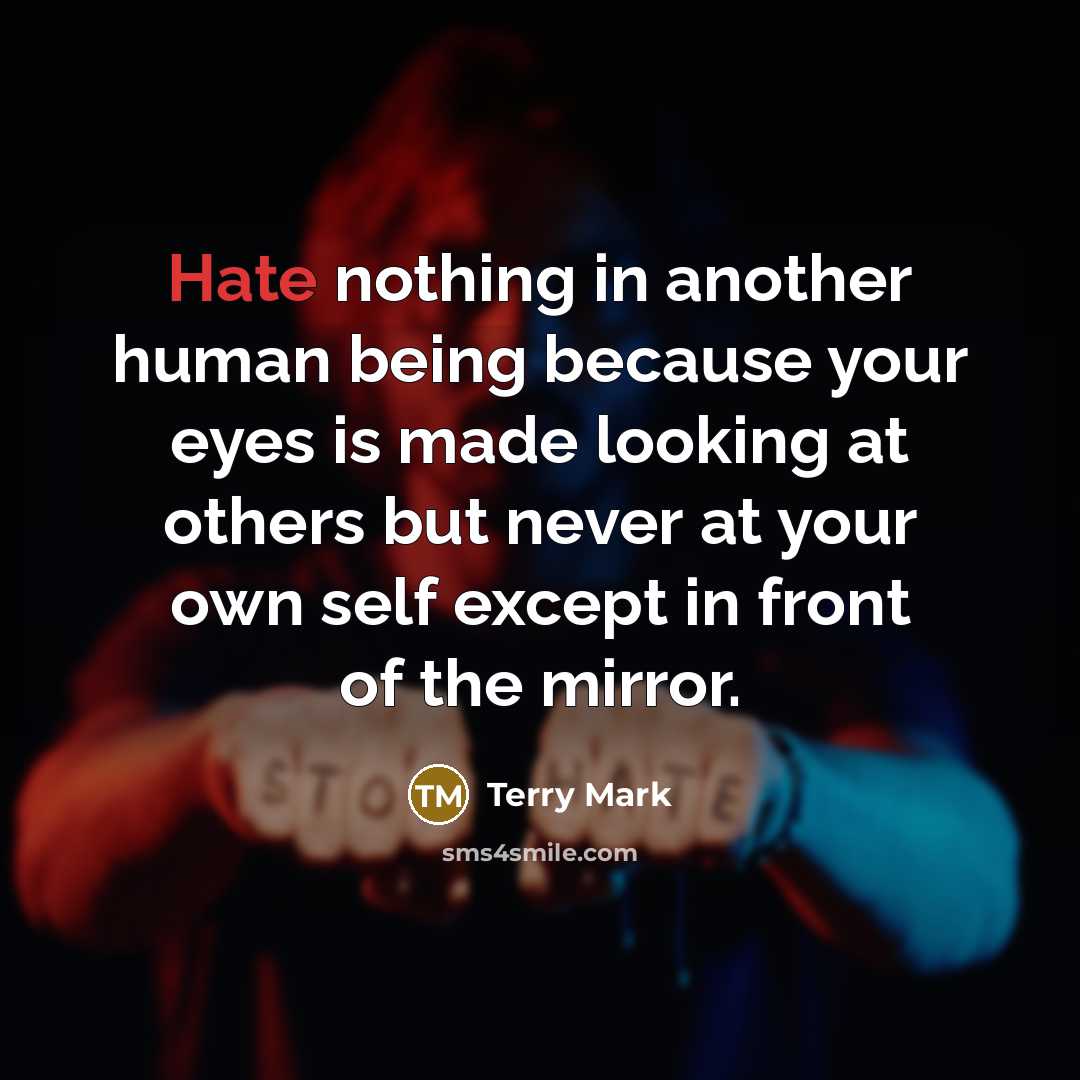 “Hate nothing in another human being because your eyes is made looking at others but never at your own self except in front of the mirror.” quote by Terry Mark