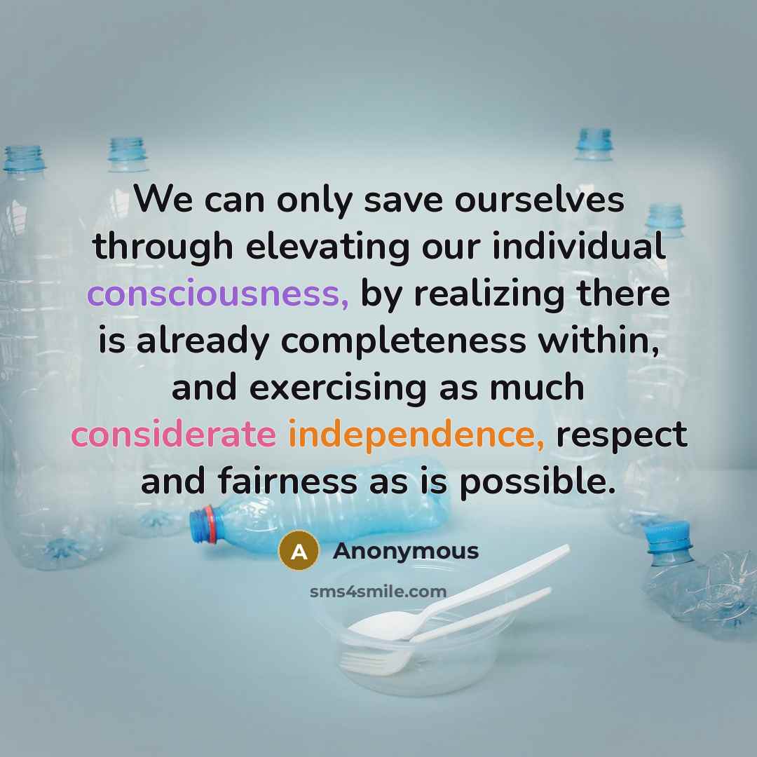 “We can only save ourselves through elevating our individual consciousness, by realizing there is already completeness within, and exercising as much considerate independence, respect and fairness as is possible.” quote by Anonymous
