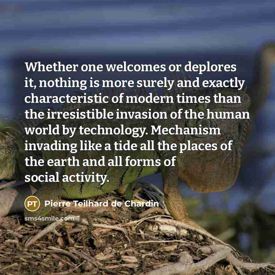 “Whether one welcomes or deplores it, nothing is more surely and exactly characteristic of modern times than the irresistible invasion of the human world by technology. Mechanism invading like a tide all the places of the earth and all forms of social activity.” quote by Pierre Teilhard de Chardin