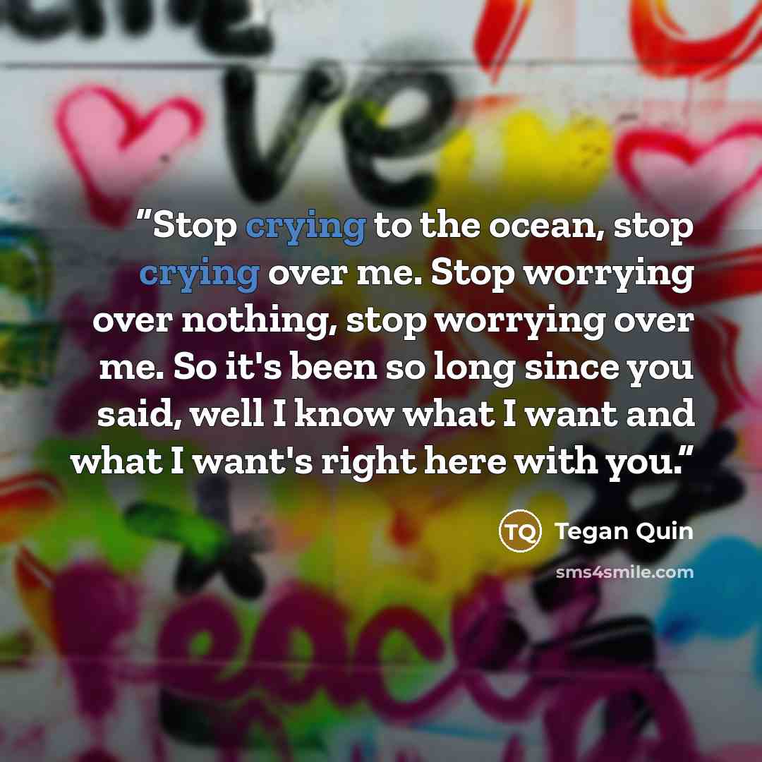 “Stop crying to the ocean, stop crying over me. Stop worrying over nothing, stop worrying over me. So it's been so long since you said, well I know what I want and what I want's right here with you.” quote by Tegan Quin