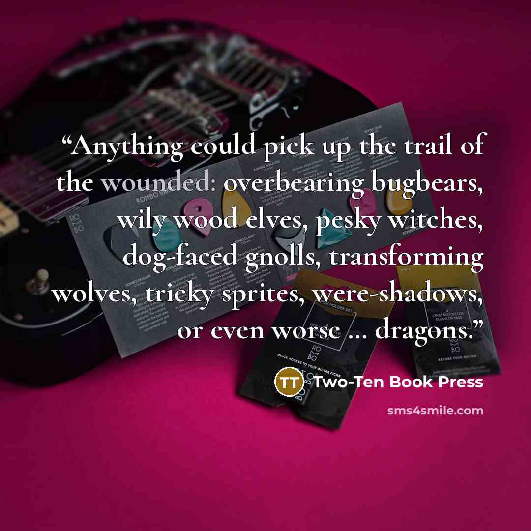 “Anything could pick up the trail of the wounded: overbearing bugbears, wily wood elves, pesky witches, dog-faced gnolls, transforming wolves, tricky sprites, were-shadows, or even worse … dragons.” quote by Two-Ten Book Press
