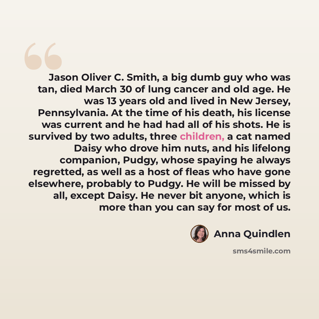 “Jason Oliver C. Smith, a big dumb guy who was tan, died March 30 of lung cancer and old age. He was 13 years old and lived in New Jersey, Pennsylvania. At the time of his death, his license was current and he had had all of his shots. He is survived by two adults, three children, a cat named Daisy…” quote by Anna Quindlen