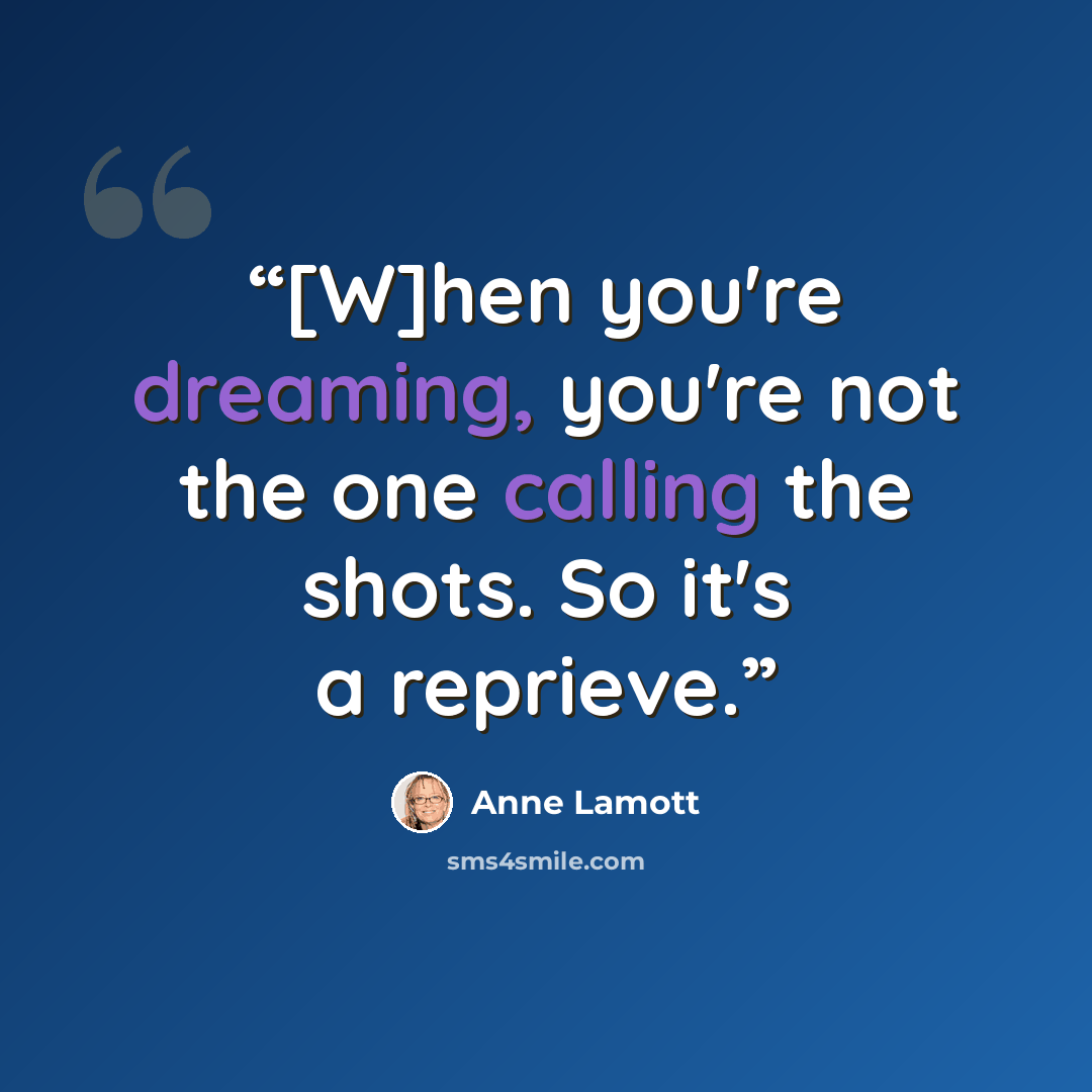“[W]hen you're dreaming, you're not the one calling the shots. So it's a reprieve.” quote by Anne Lamott