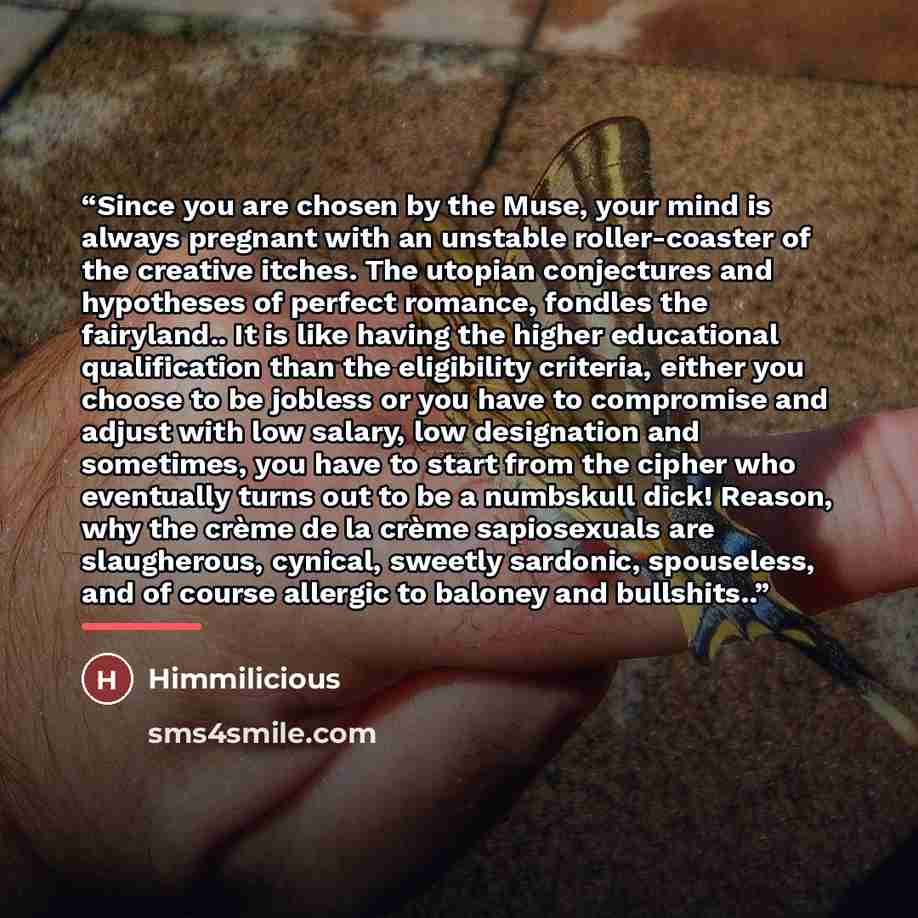 “Since you are chosen by the Muse, your mind is always pregnant with an unstable roller-coaster of the creative itches. The utopian conjectures and hypotheses of perfect romance, fondles the fairyland.. It is like having the higher educational qualification than the eligibility criteria, either you…” quote by Himmilicious