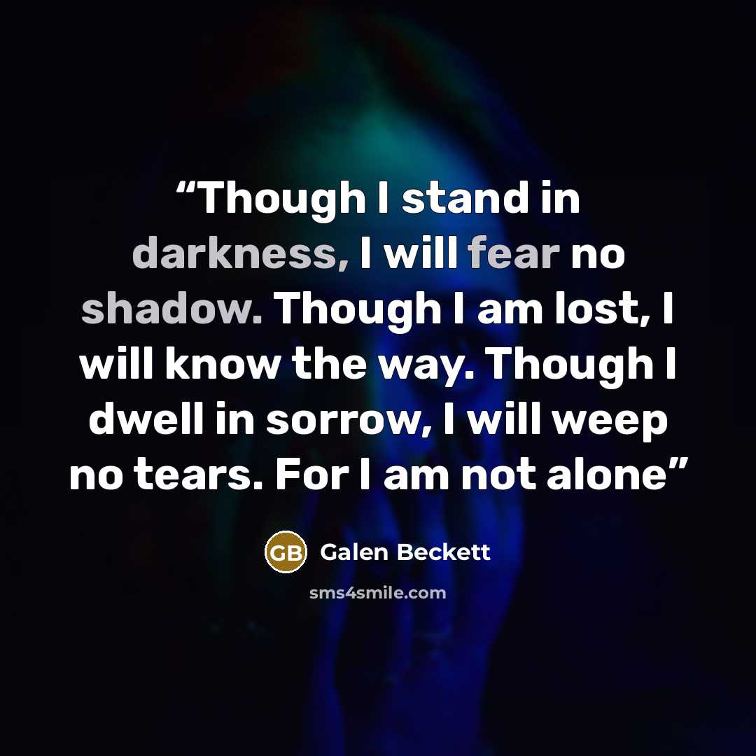 “Though I stand in darkness, I will fear no shadow. Though I am lost, I will know the way. Though I dwell in sorrow, I will weep no tears. For I am not alone” quote by Galen Beckett