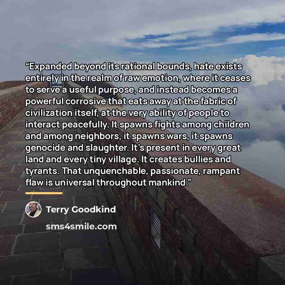 “Expanded beyond its rational bounds, hate exists entirely in the realm of raw emotion, where it ceases to serve a useful purpose, and instead becomes a powerful corrosive that eats away at the fabric of civilization itself, at the very ability of people to interact peacefully. It spawns fights…” quote by Terry Goodkind
