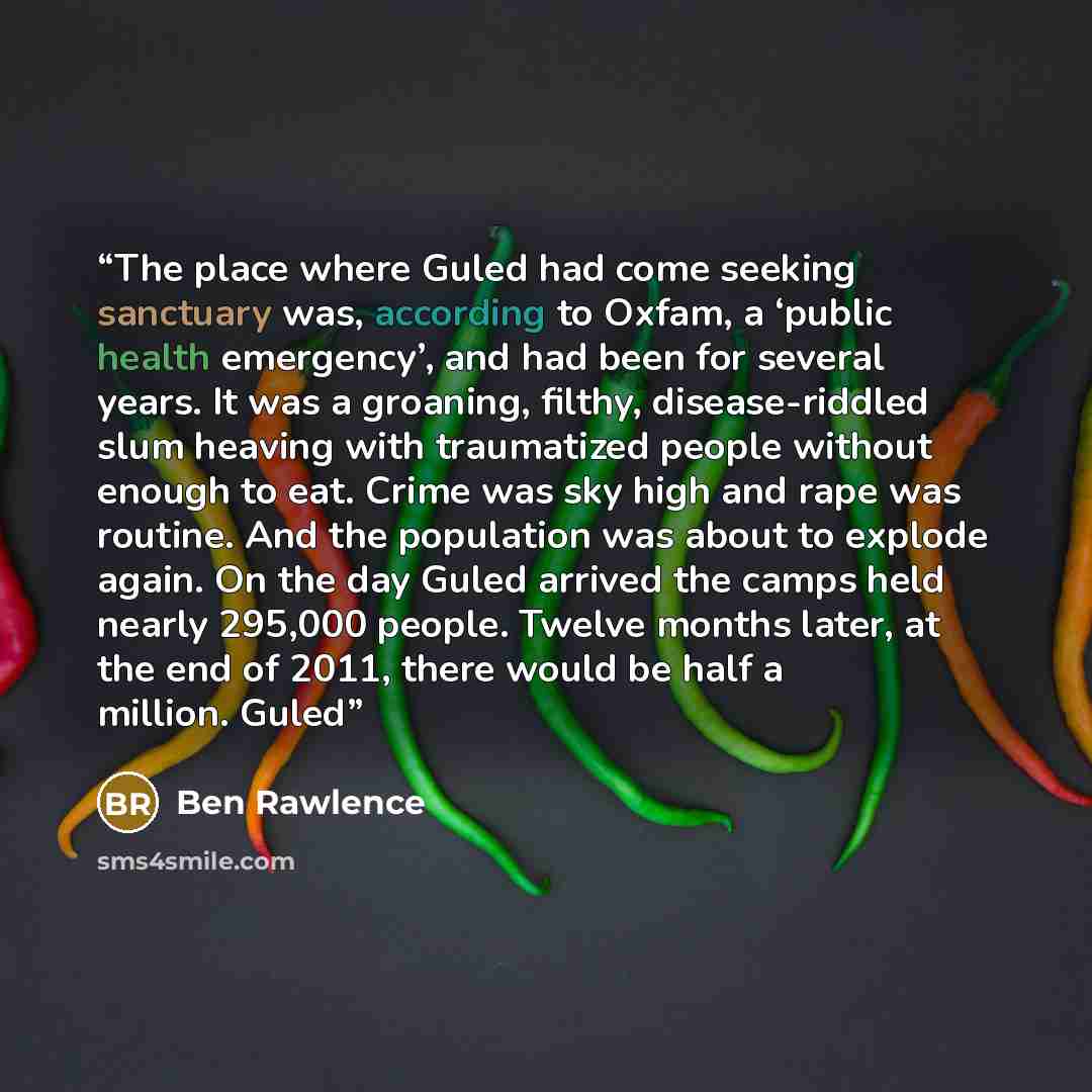“The place where Guled had come seeking sanctuary was, according to Oxfam, a ‘public health emergency’, and had been for several years. It was a groaning, filthy, disease-riddled slum heaving with traumatized people without enough to eat. Crime was sky high and rape was routine. And the population…” quote by Ben Rawlence