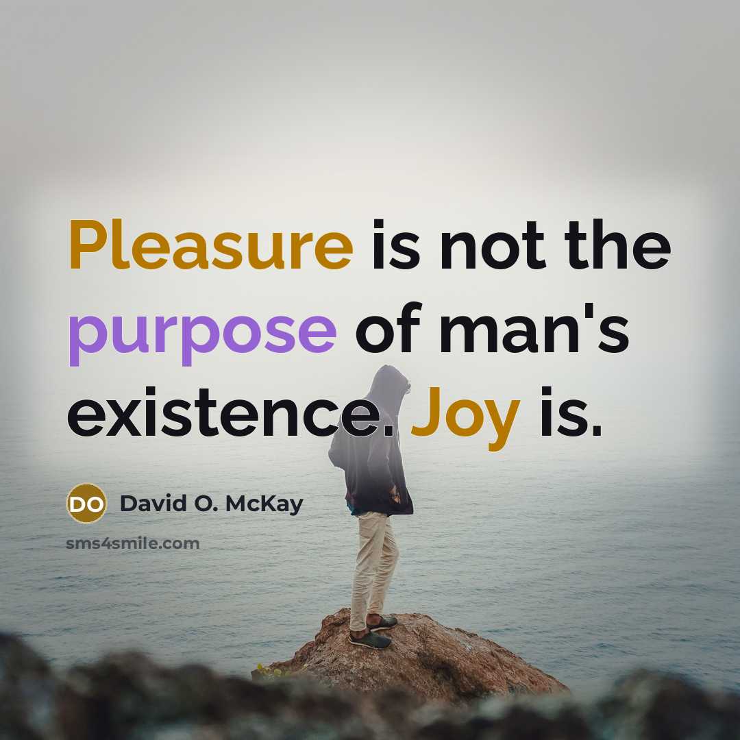 “Pleasure is not the purpose of man's existence. Joy is.” quote by David O. McKay