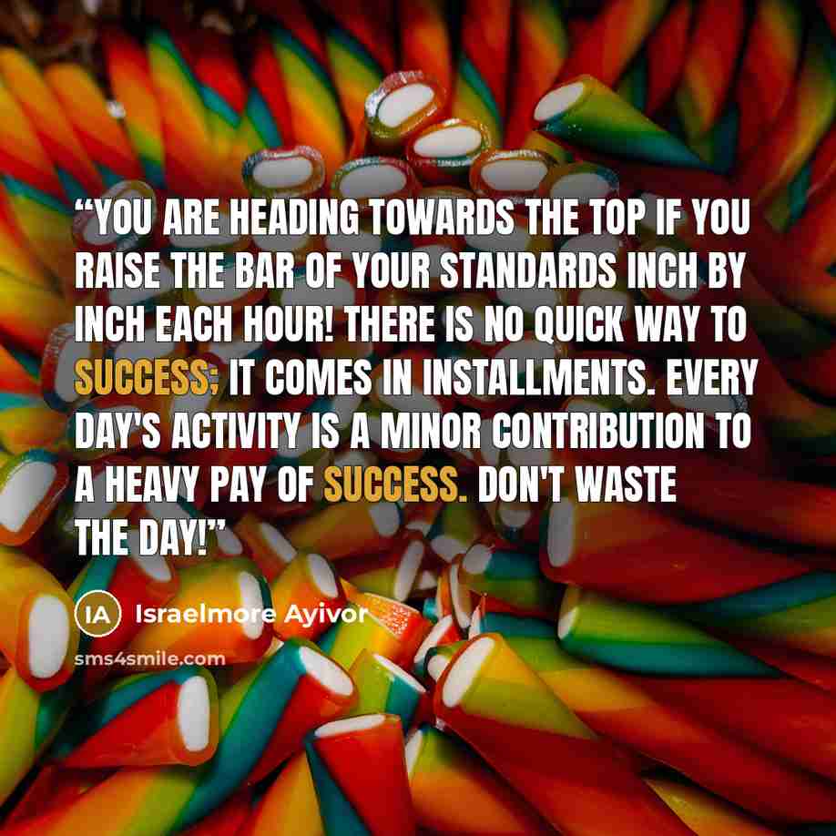 “You are heading towards the top if you raise the bar of your standards inch by inch each hour! There is no quick way to success; it comes in installments. Every day's activity is a minor contribution to a heavy pay of success. Don't waste the day!” quote by Israelmore Ayivor