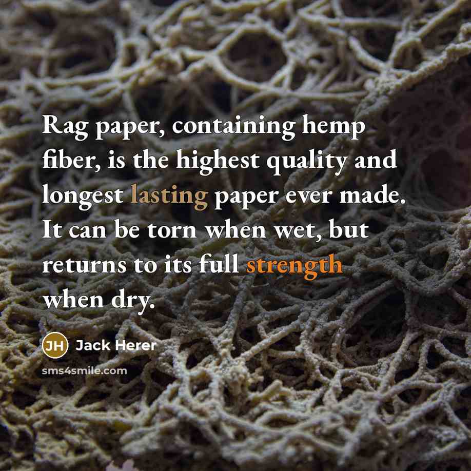 “Rag paper, containing hemp fiber, is the highest quality and longest lasting paper ever made. It can be torn when wet, but returns to its full strength when dry.” quote by Jack Herer