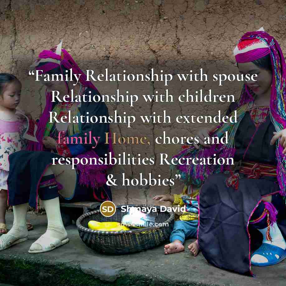 “Family Relationship with spouse Relationship with children Relationship with extended family Home, chores and responsibilities Recreation & hobbies” quote by Shmaya David