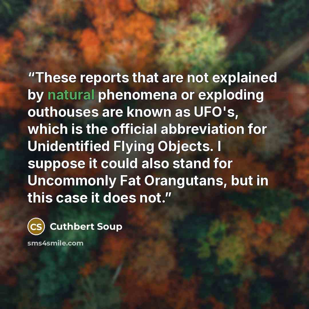 “These reports that are not explained by natural phenomena or exploding outhouses are known as UFO's, which is the official abbreviation for Unidentified Flying Objects. I suppose it could also stand for Uncommonly Fat Orangutans, but in this case it does not.” quote by Cuthbert Soup