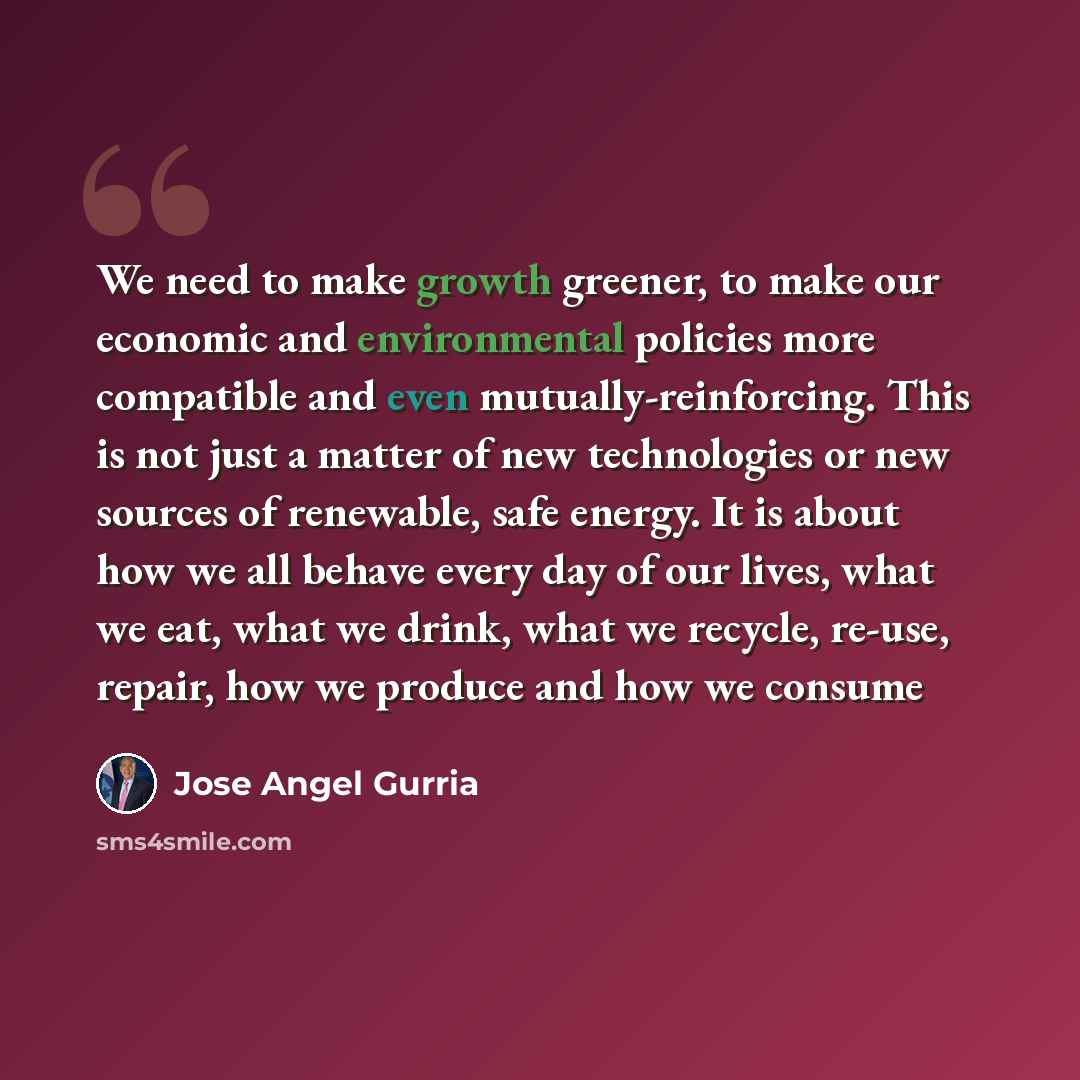 “We need to make growth greener, to make our economic and environmental policies more compatible and even mutually-reinforcing. This is not just a matter of new technologies or new sources of renewable, safe energy. It is about how we all behave every day of our lives, what we eat, what we drink…” quote by Jose Angel Gurria