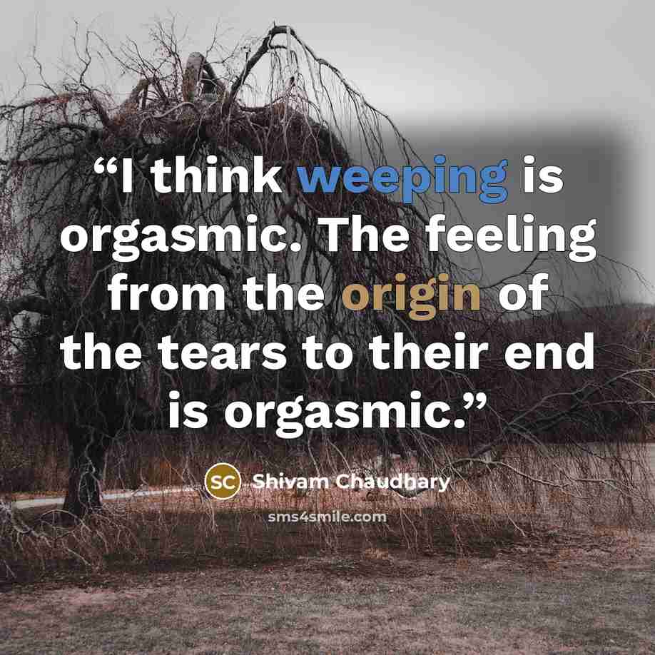 “I think weeping is orgasmic. The feeling from the origin of the tears to their end is orgasmic.” quote by Shivam Chaudhary
