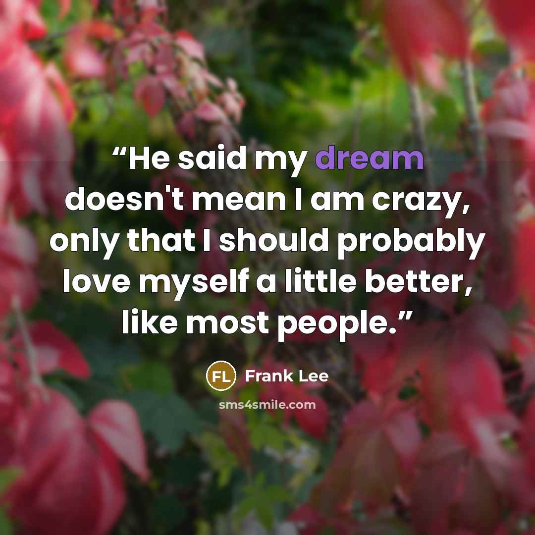 “He said my dream doesn't mean I am crazy, only that I should probably love myself a little better, like most people.” quote by Frank Lee