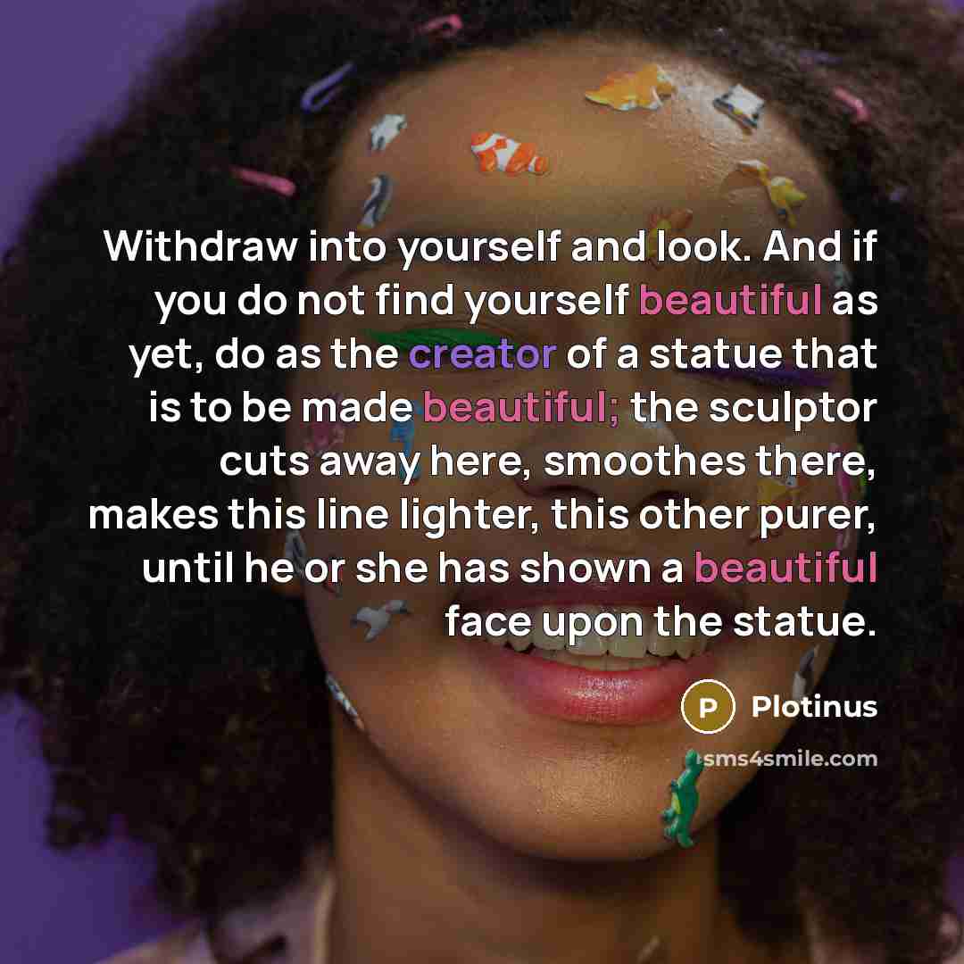 “Withdraw into yourself and look. And if you do not find yourself beautiful as yet, do as the creator of a statue that is to be made beautiful; the sculptor cuts away here, smoothes there, makes this line lighter, this other purer, until he or she has shown a beautiful face upon the statue.” quote by Plotinus