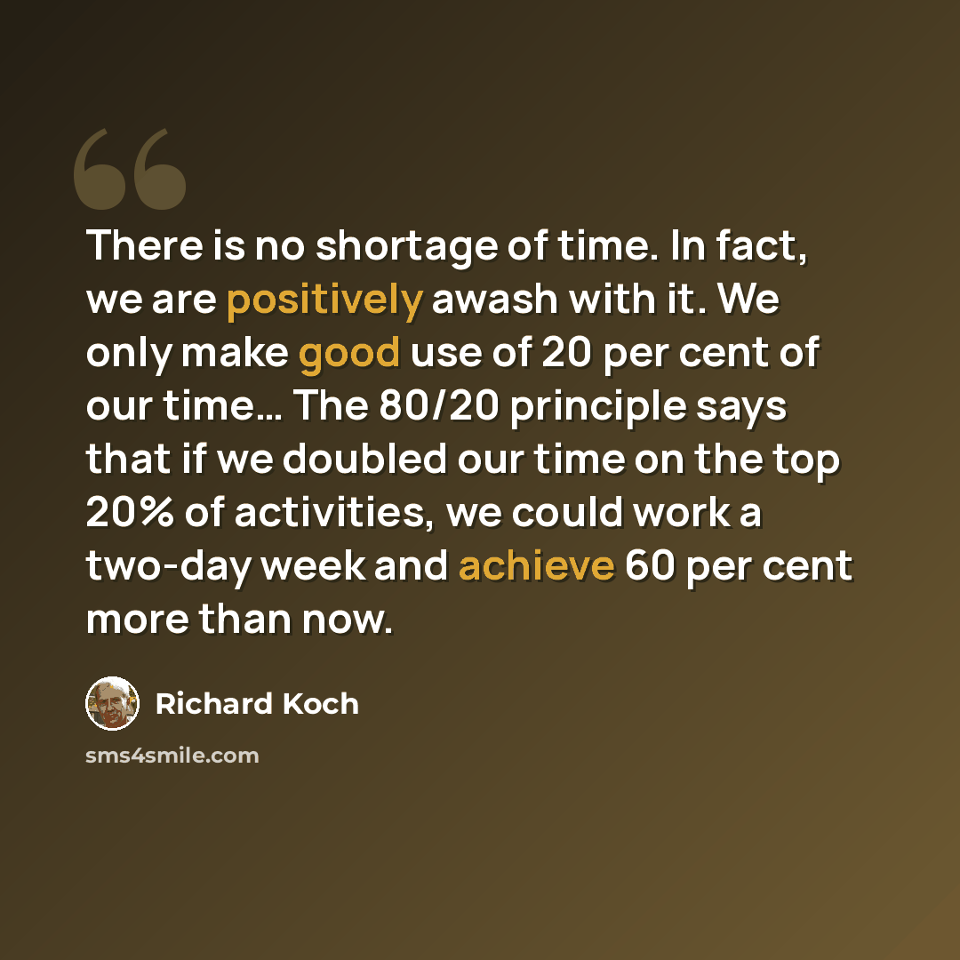 “There is no shortage of time. In fact, we are positively awash with it. We only make good use of 20 per cent of our time… The 80/20 principle says that if we doubled our time on the top 20% of activities, we could work a two-day week and achieve 60 per cent more than now.” quote by Richard Koch