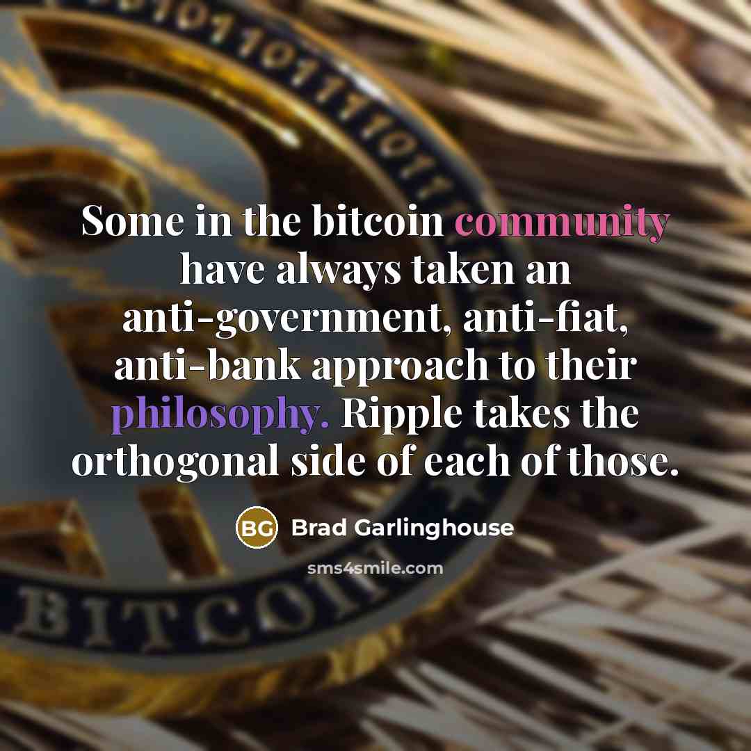 “Some in the bitcoin community have always taken an anti-government, anti-fiat, anti-bank approach to their philosophy. Ripple takes the orthogonal side of each of those.” quote by Brad Garlinghouse