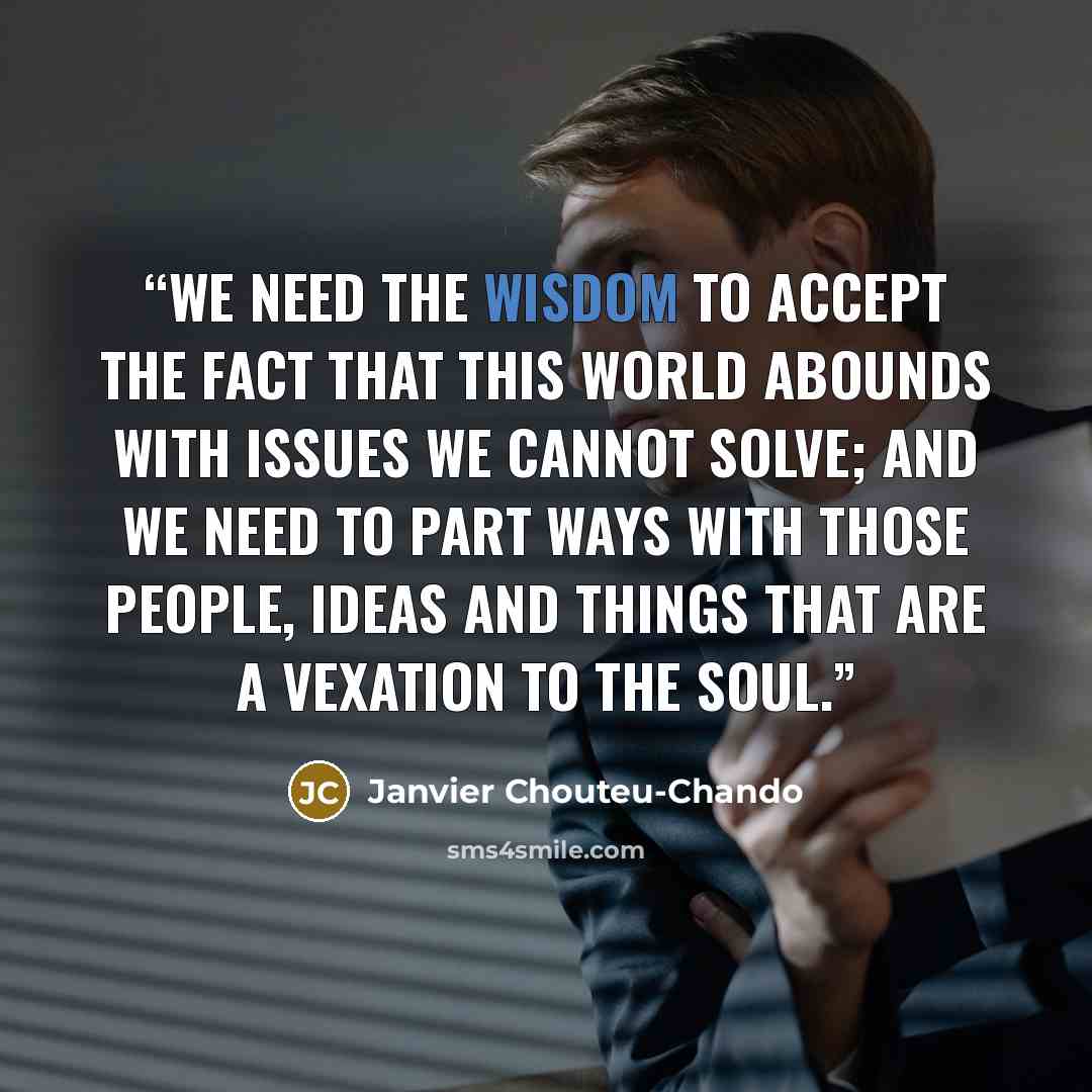“We need the wisdom to accept the fact that this world abounds with issues we cannot solve; and we need to part ways with those people, ideas and things that are a vexation to the soul.” quote by Janvier Chouteu-Chando