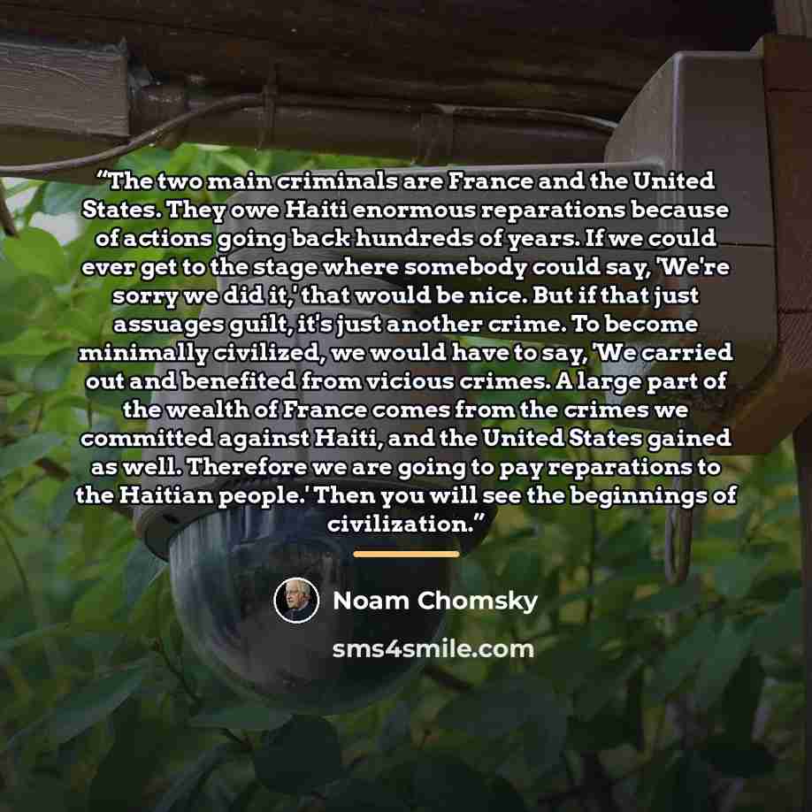 “The two main criminals are France and the United States. They owe Haiti enormous reparations because of actions going back hundreds of years. If we could ever get to the stage where somebody could say, 'We're sorry we did it,' that would be nice. But if that just assuages guilt, it's just another…” quote by Noam Chomsky