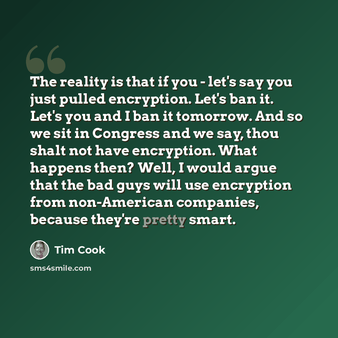 “The reality is that if you - let's say you just pulled encryption. Let's ban it. Let's you and I ban it tomorrow. And so we sit in Congress and we say, thou shalt not have encryption. What happens then? Well, I would argue that the bad guys will use encryption from non-American companies, because…” quote by Tim Cook